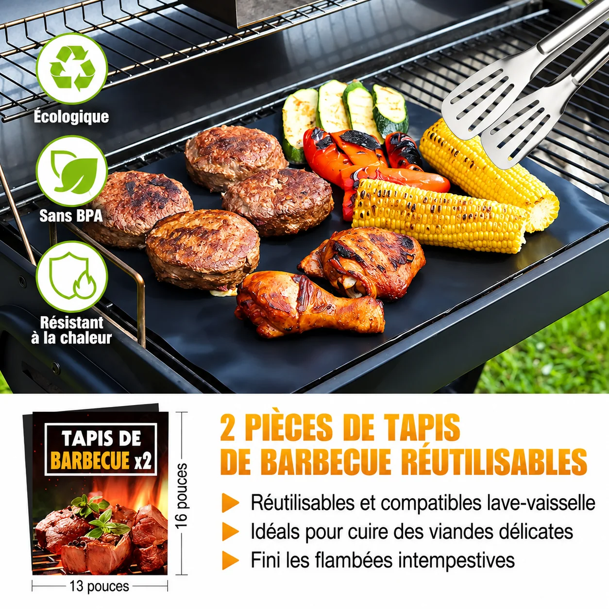Deux tapis de barbecue et dimensions annoncées par le fournisseur