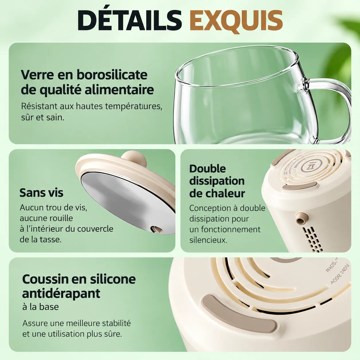 Détails du verre, du couvercle et de la base
