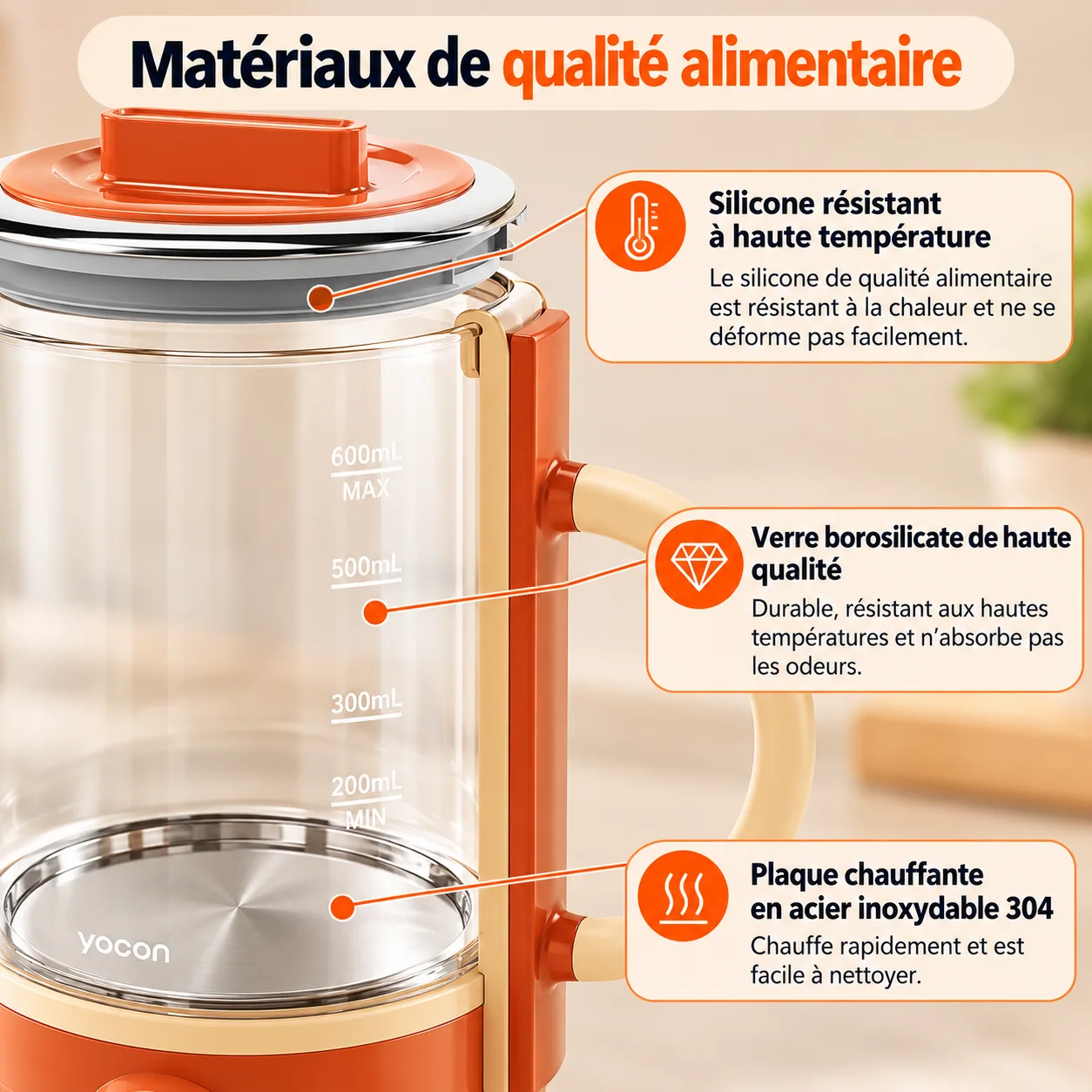Matériaux annoncés de la bouilloire Yocon