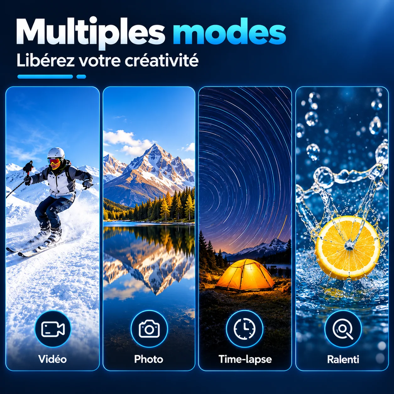 Modes vidéo, photo, time-lapse et ralenti présentés