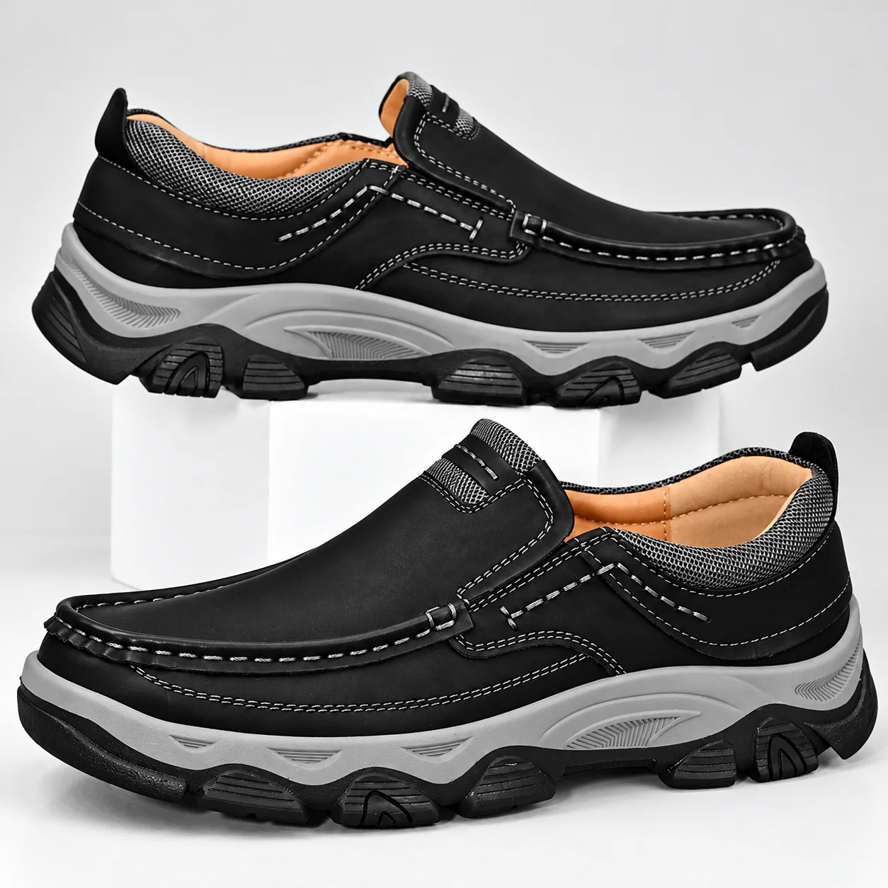 Chaussures noires sans lacets — coutures contrastées