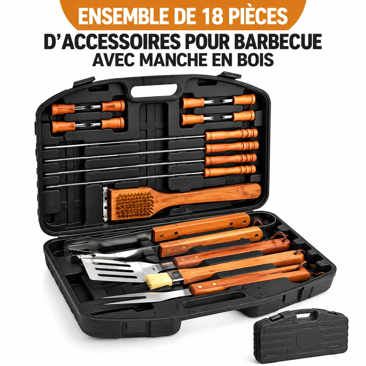 Coffret barbecue 18 pièces — manches en bois et valise