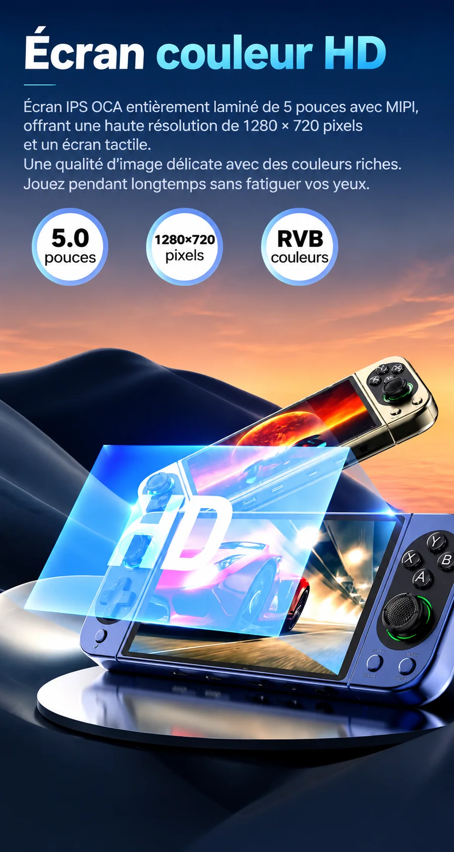 Console portable D50 MAX — écran et utilisation