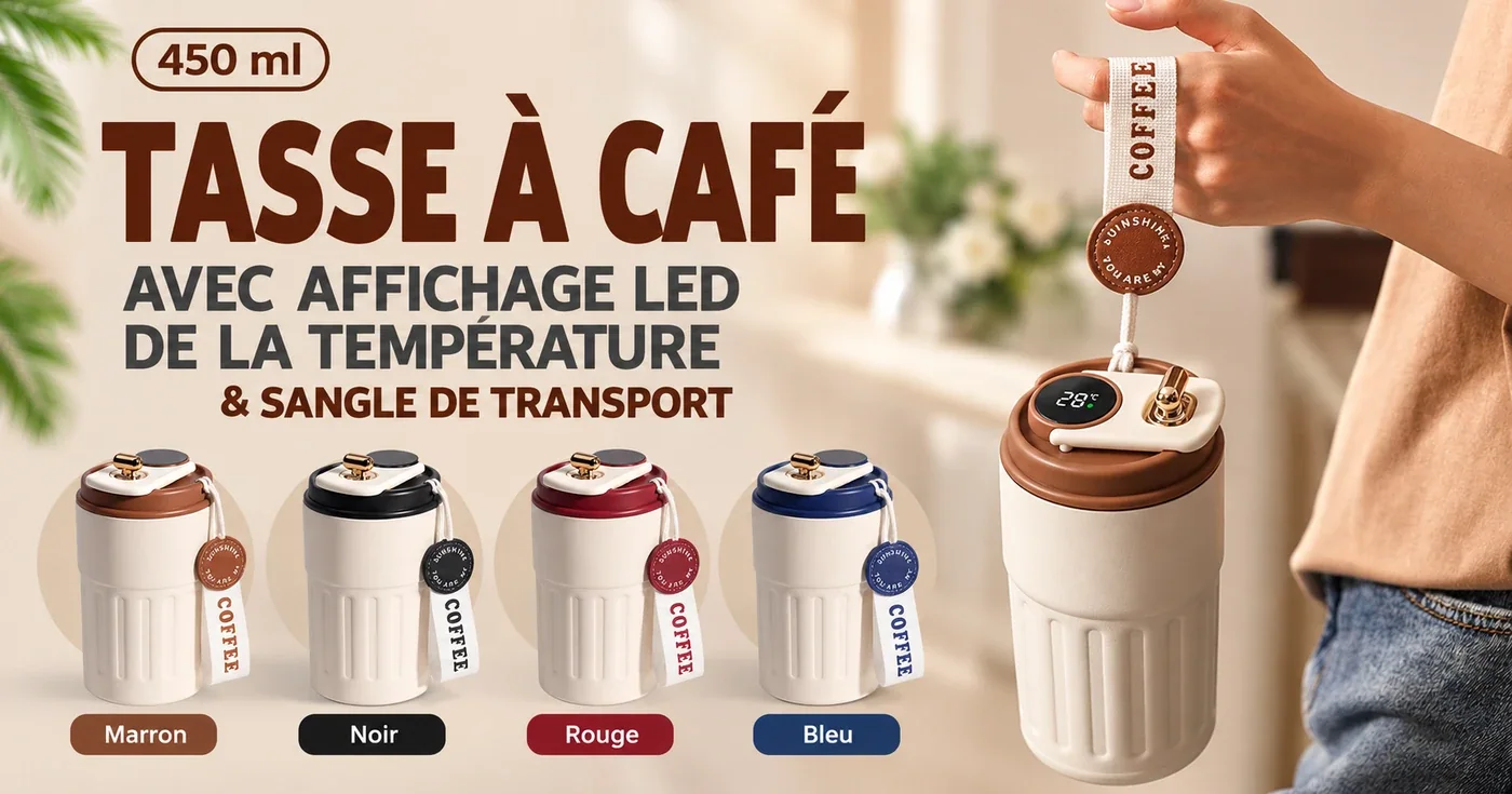 Gobelet de 450 ml avec affichage de température et sangle, présenté dans quatre couleurs