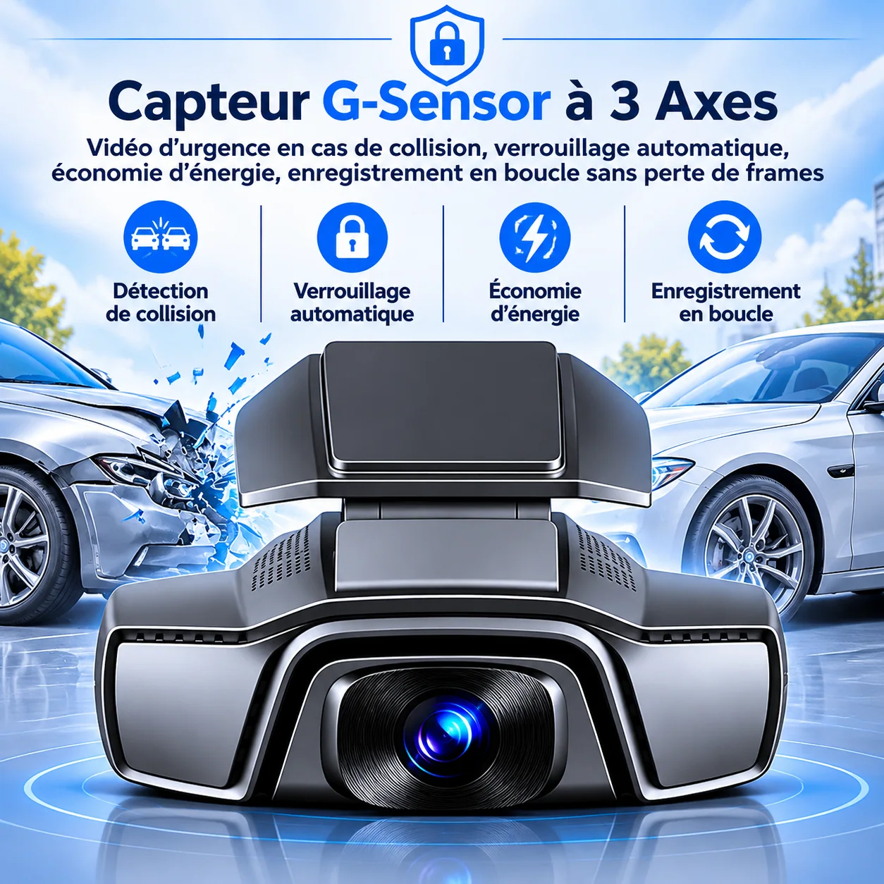 G-Sensor à trois axes et enregistrement en boucle annoncés