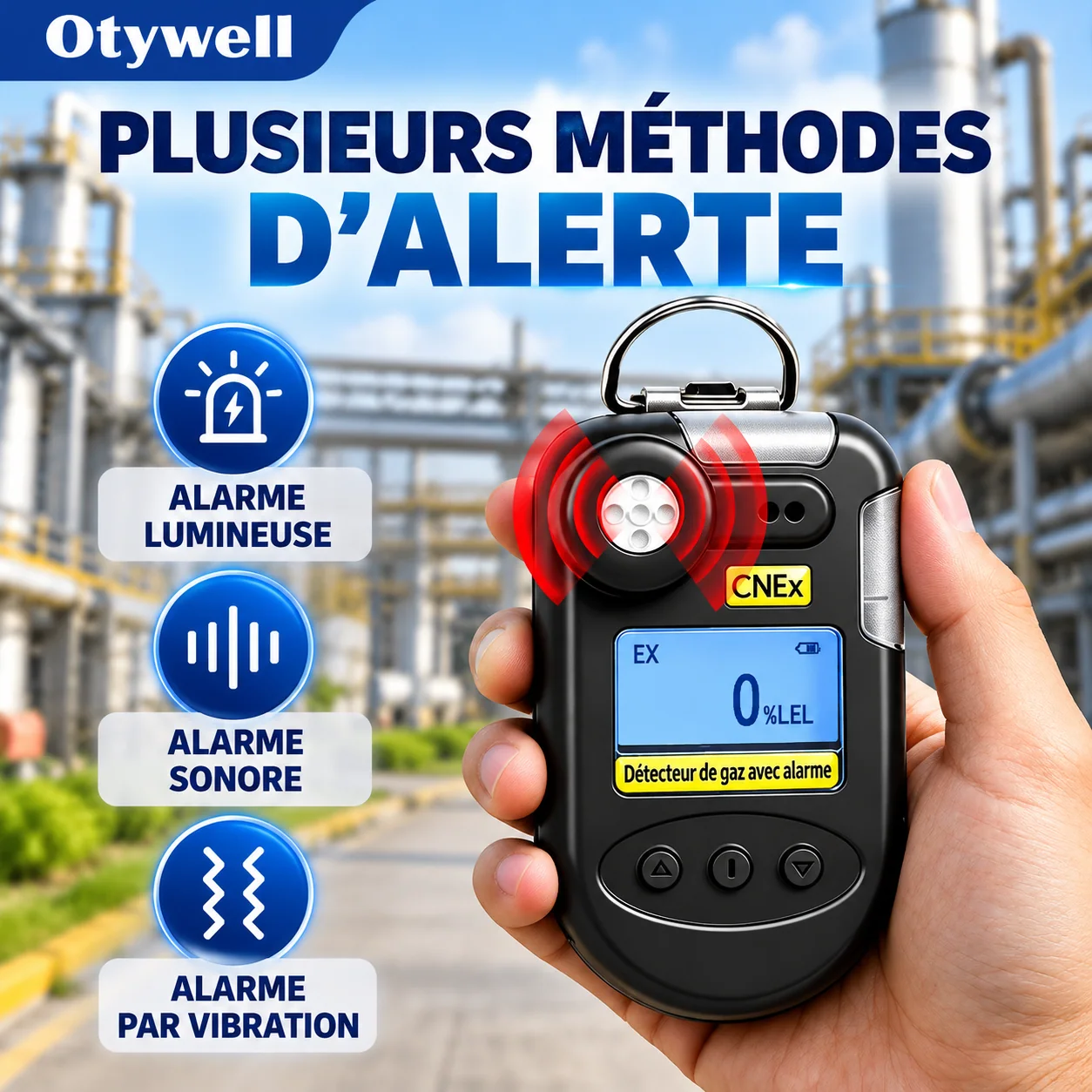 Détecteur monogaz Otywell — alarmes sonore, lumineuse et vibrante