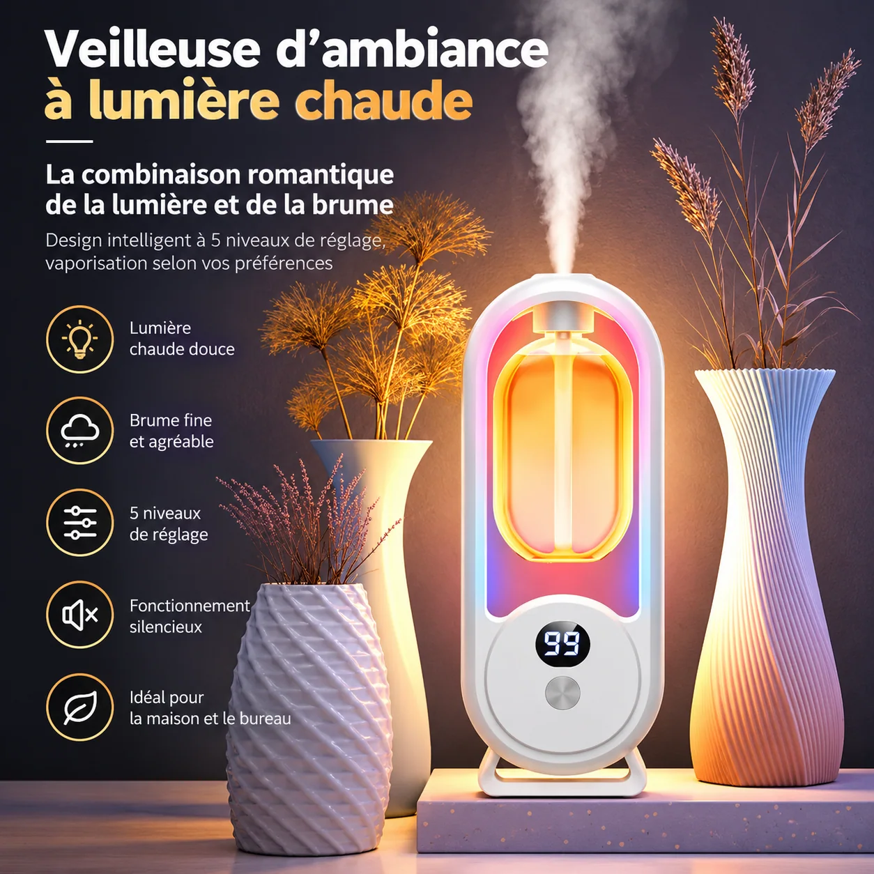 Diffuseur de parfum avec veilleuse et réglage à cinq niveaux