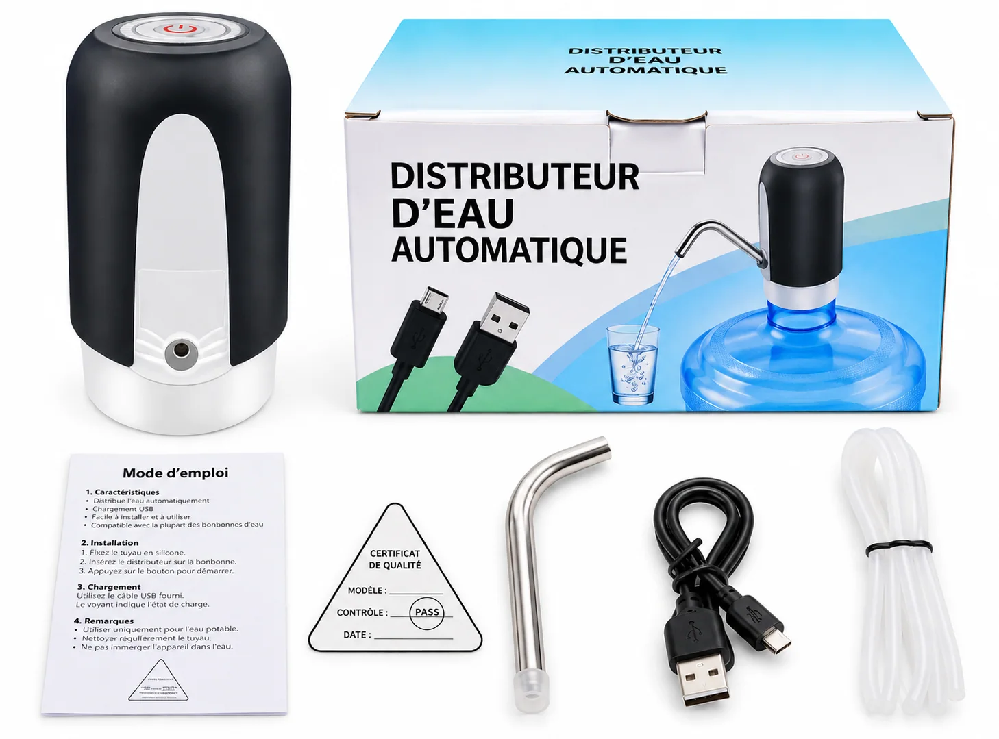 Kit présenté avec tuyau, bec, câble USB et notice