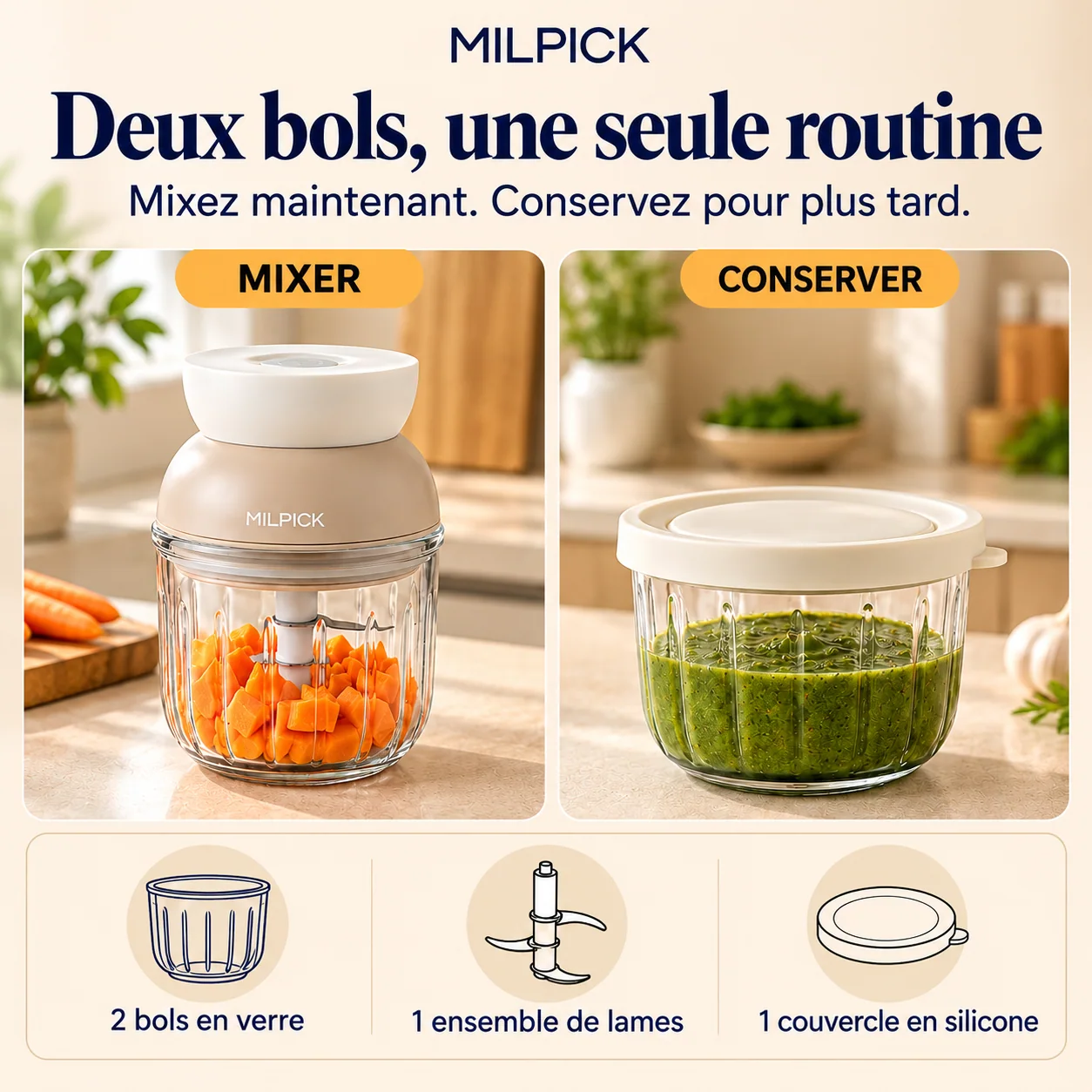 Deux bols en verre et accessoires présentés