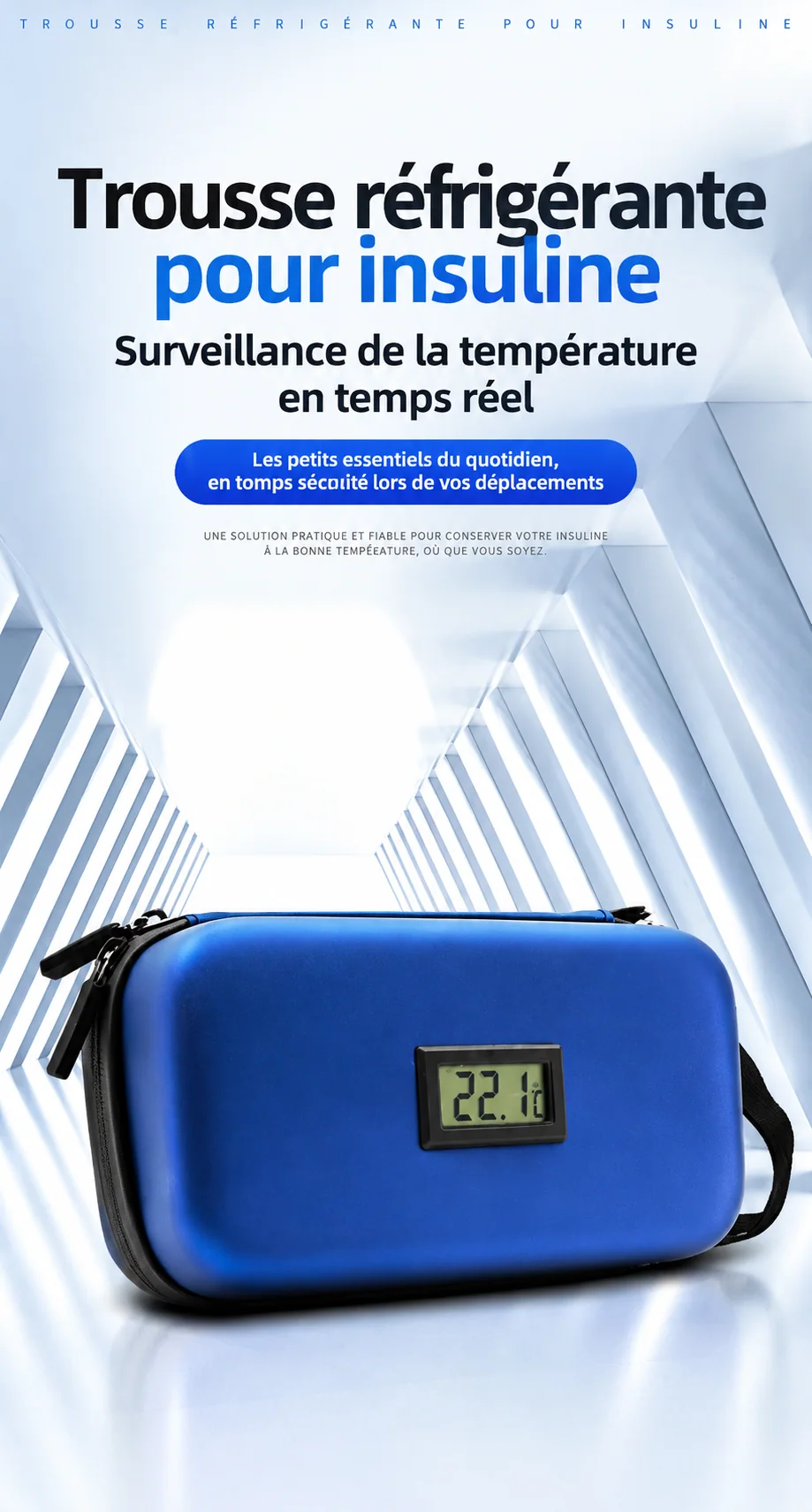 Présentation de la trousse — visuel bleu illustratif, vente en noir uniquement