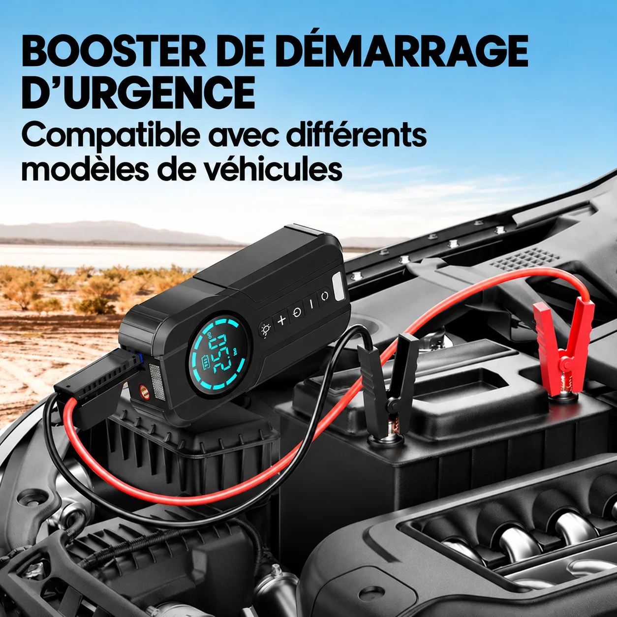 Utilisation du booster de démarrage avec les pinces sur une batterie de voiture