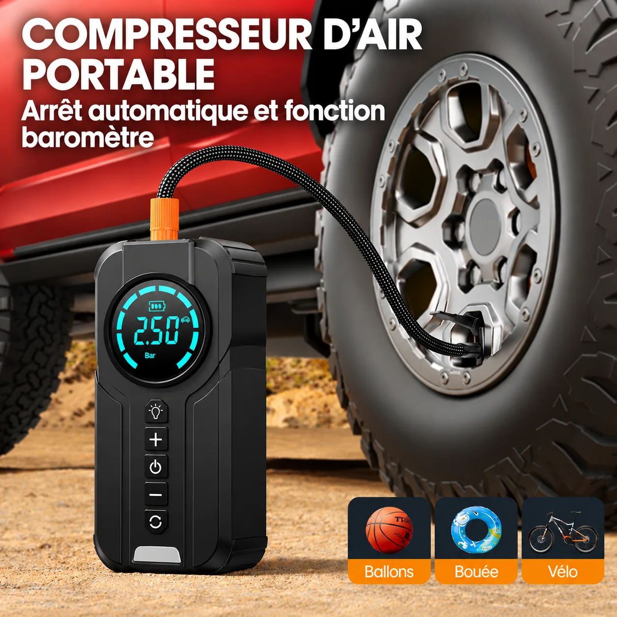 Compresseur portable pour pneus, ballons, bouées et vélos