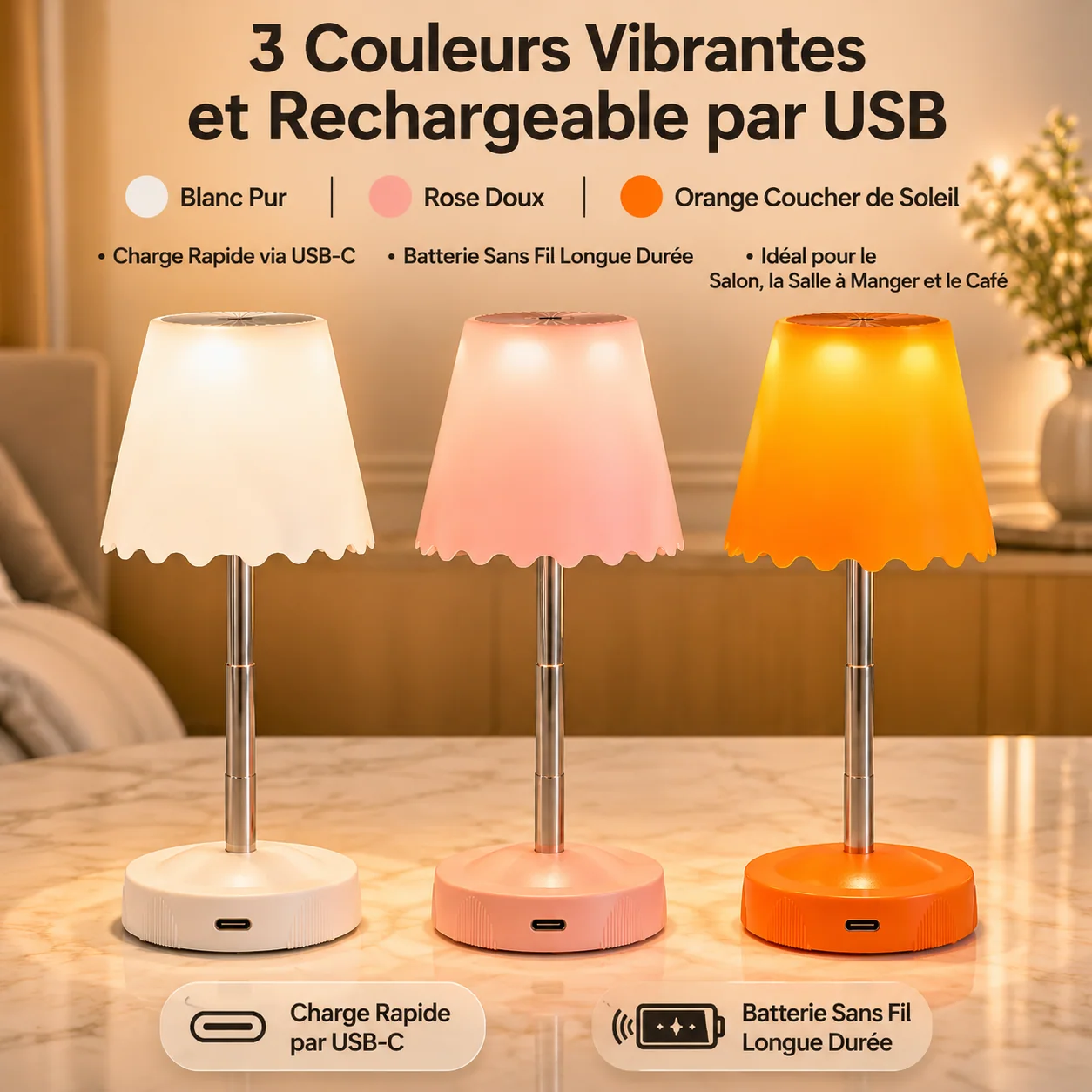 Coloris blanc, rose et orange présentés