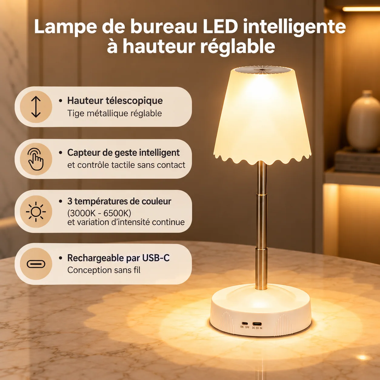 Lampe de bureau LED rechargeable à hauteur réglable