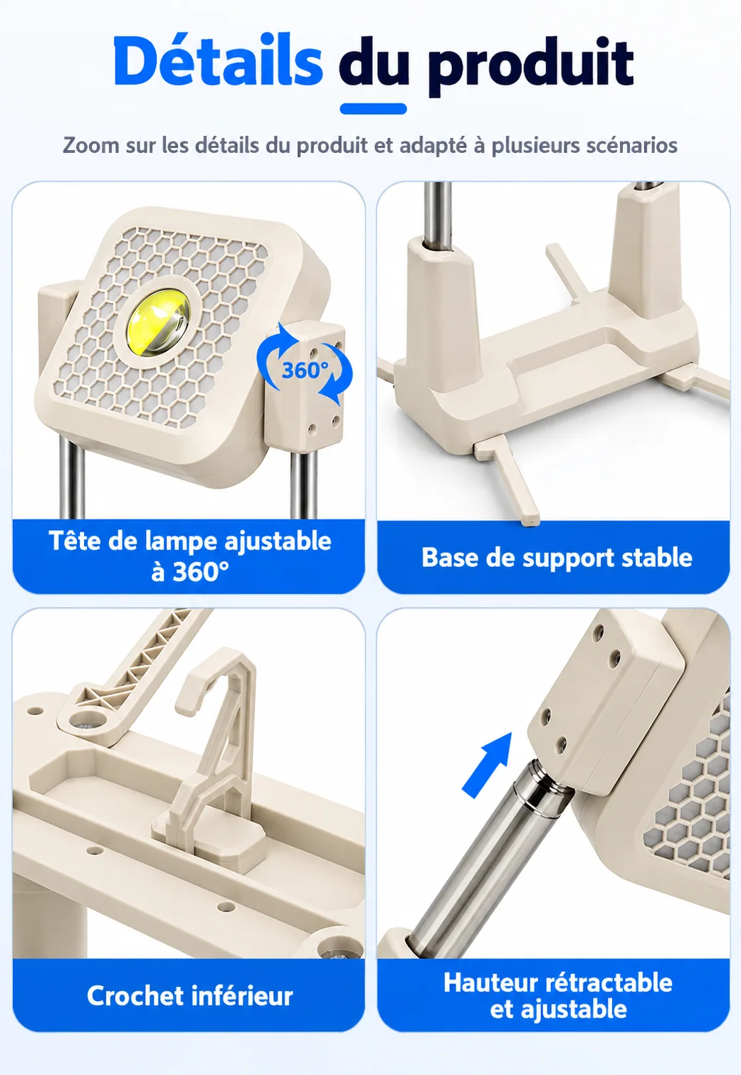Tête orientable, pieds, crochet et tiges télescopiques