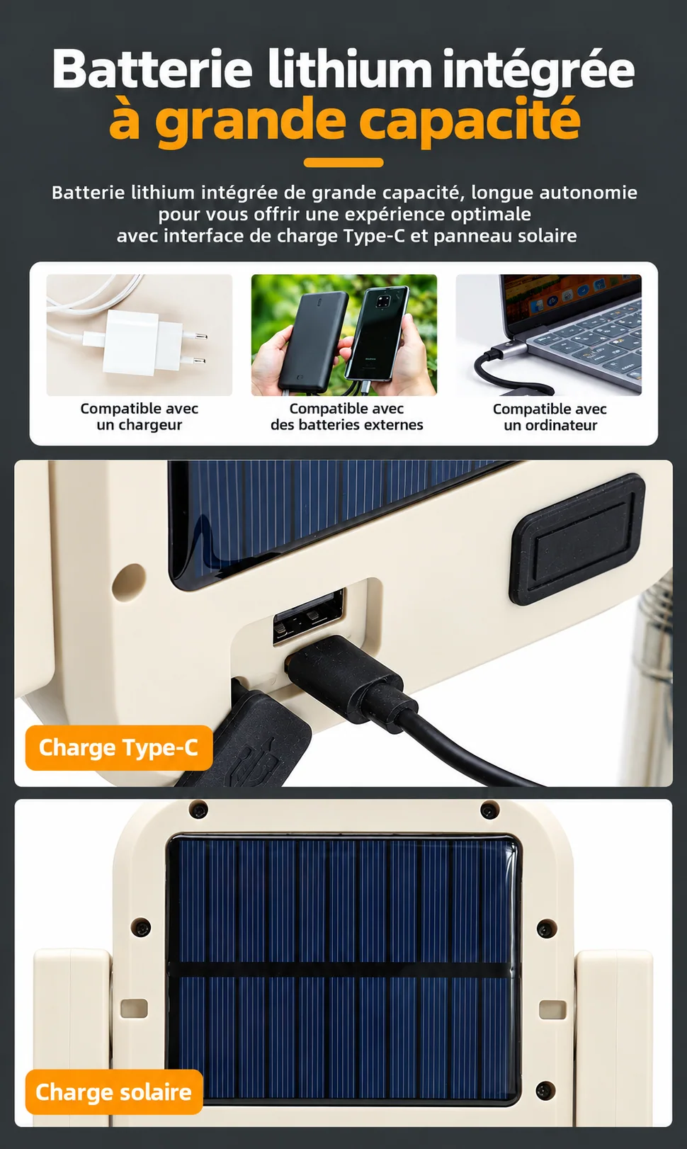 Batterie intégrée et recharge Type-C et solaire présentées