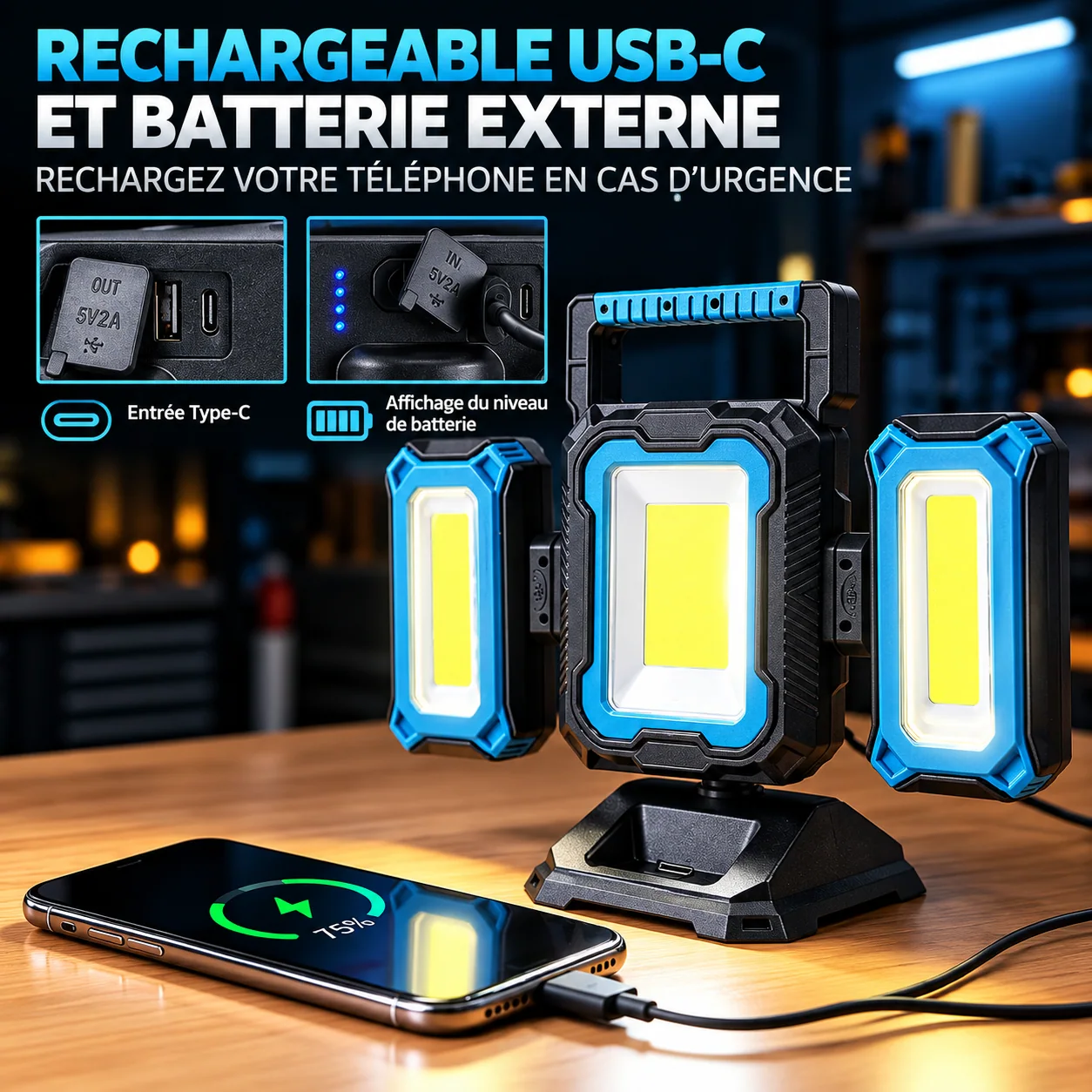 Recharge USB-C et sortie USB présentées