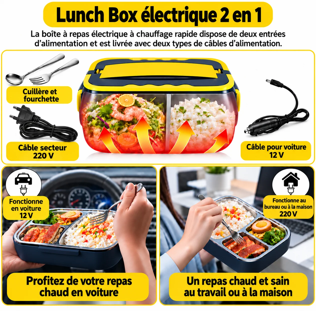Lunch box électrique avec câbles secteur 220V et voiture 12V, cuillère et fourchette