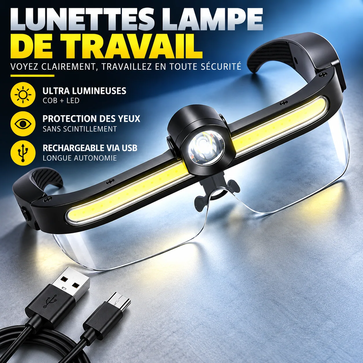 Lunettes avec éclairage COB + LED rechargeable USB