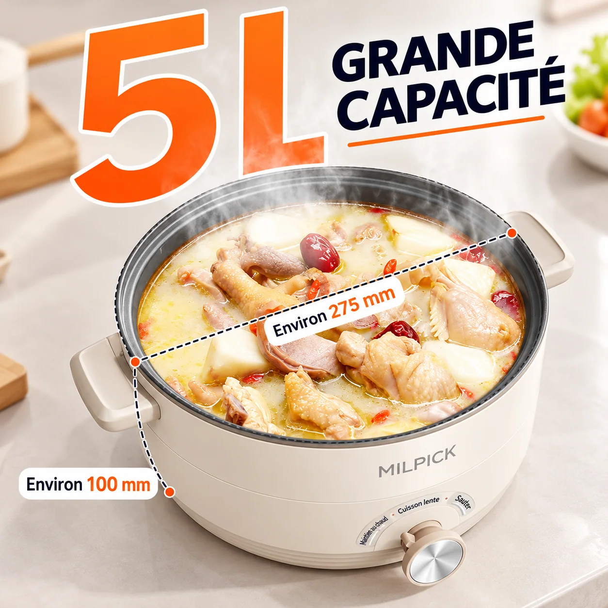 Capacité de 5 litres et dimensions de cuve annoncées