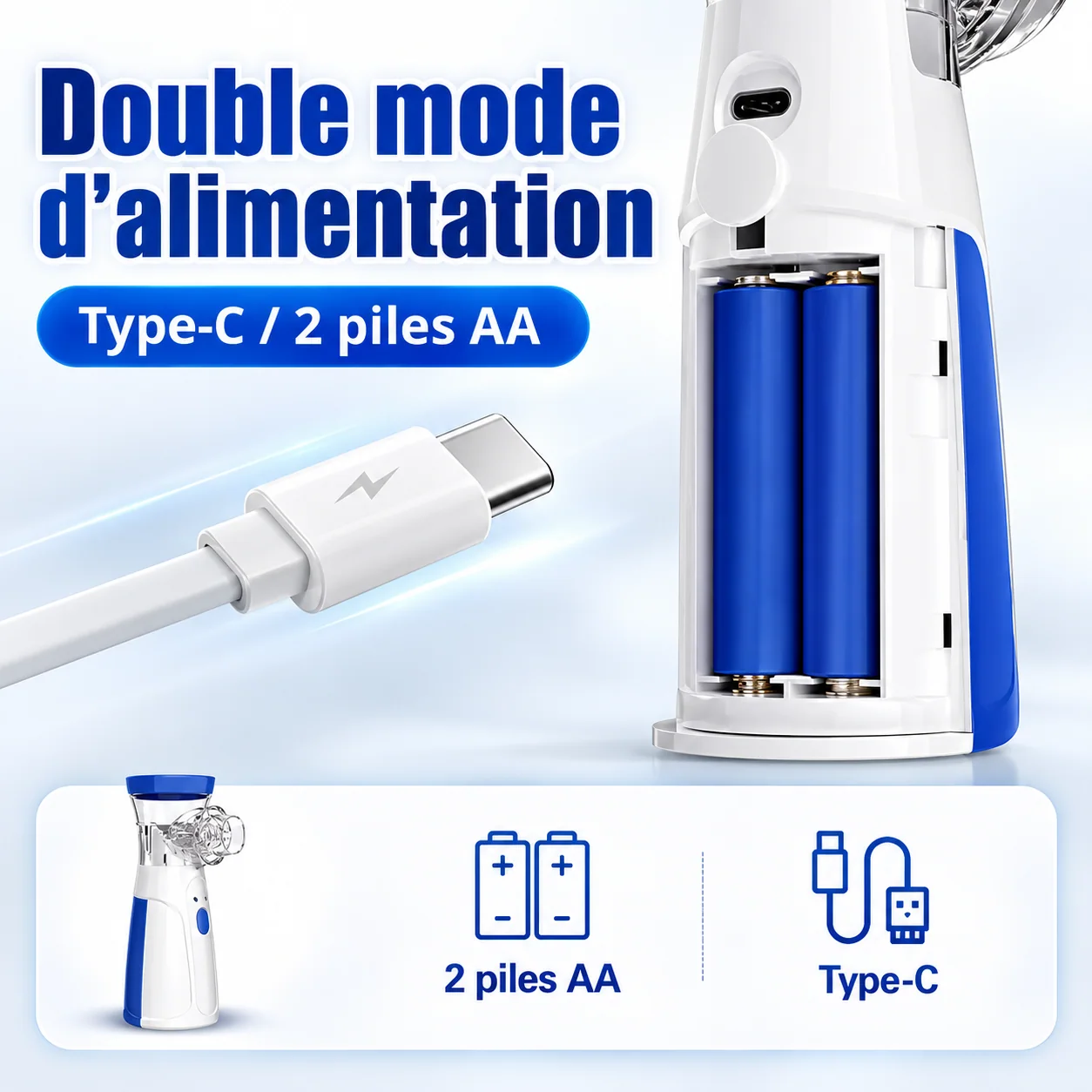 Alimentation Type-C ou deux piles AA indiquée