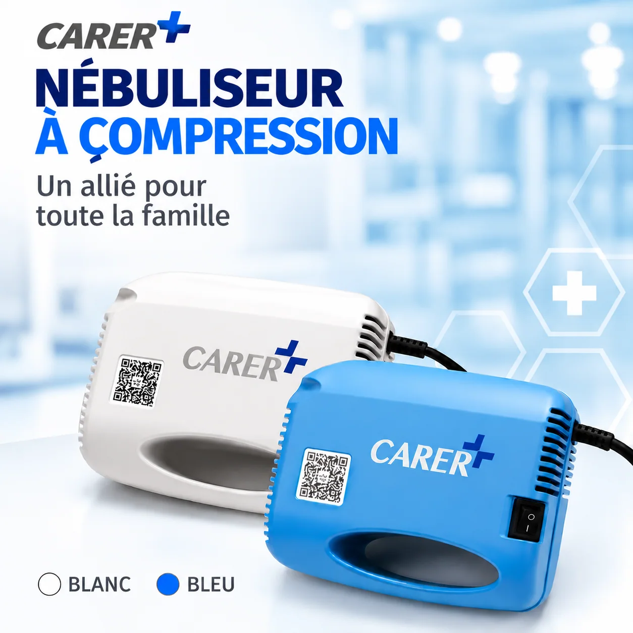 Nébuliseur à compresseur CARER+ avec masque et embout buccal