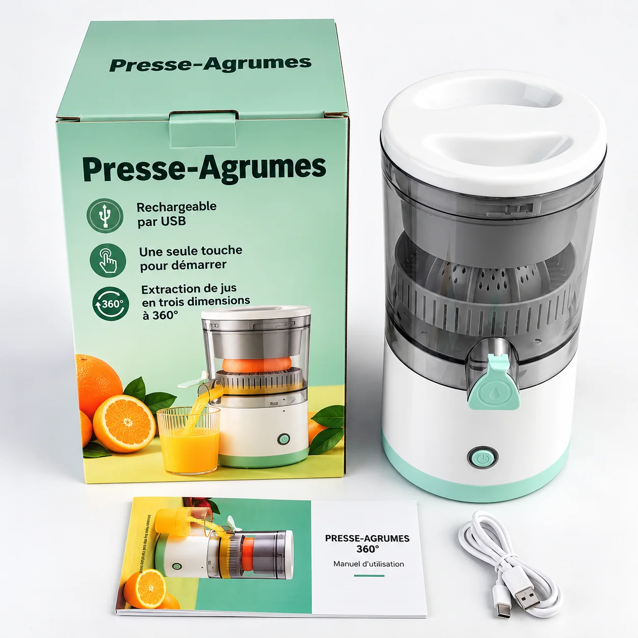 Presse-agrumes avec emballage, câble et notice