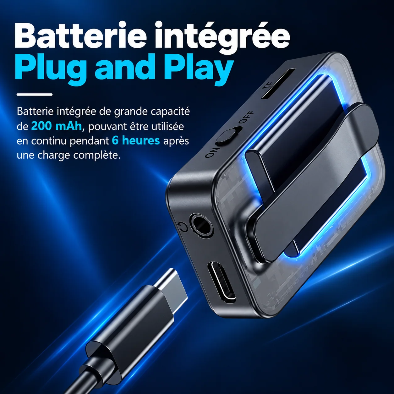 Batterie de 200 mAh et recharge illustrées