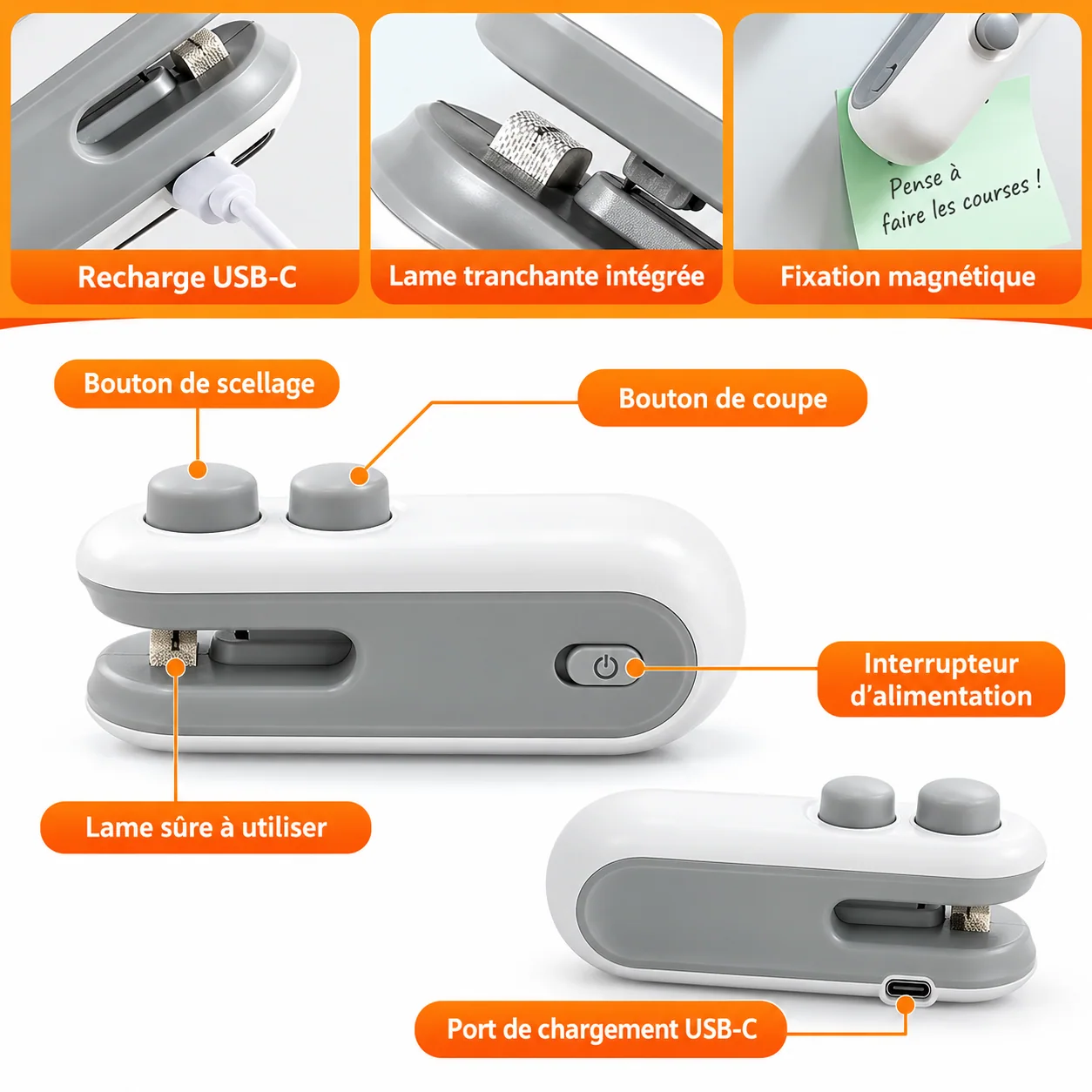 Boutons, recharge USB-C et fixation magnétique
