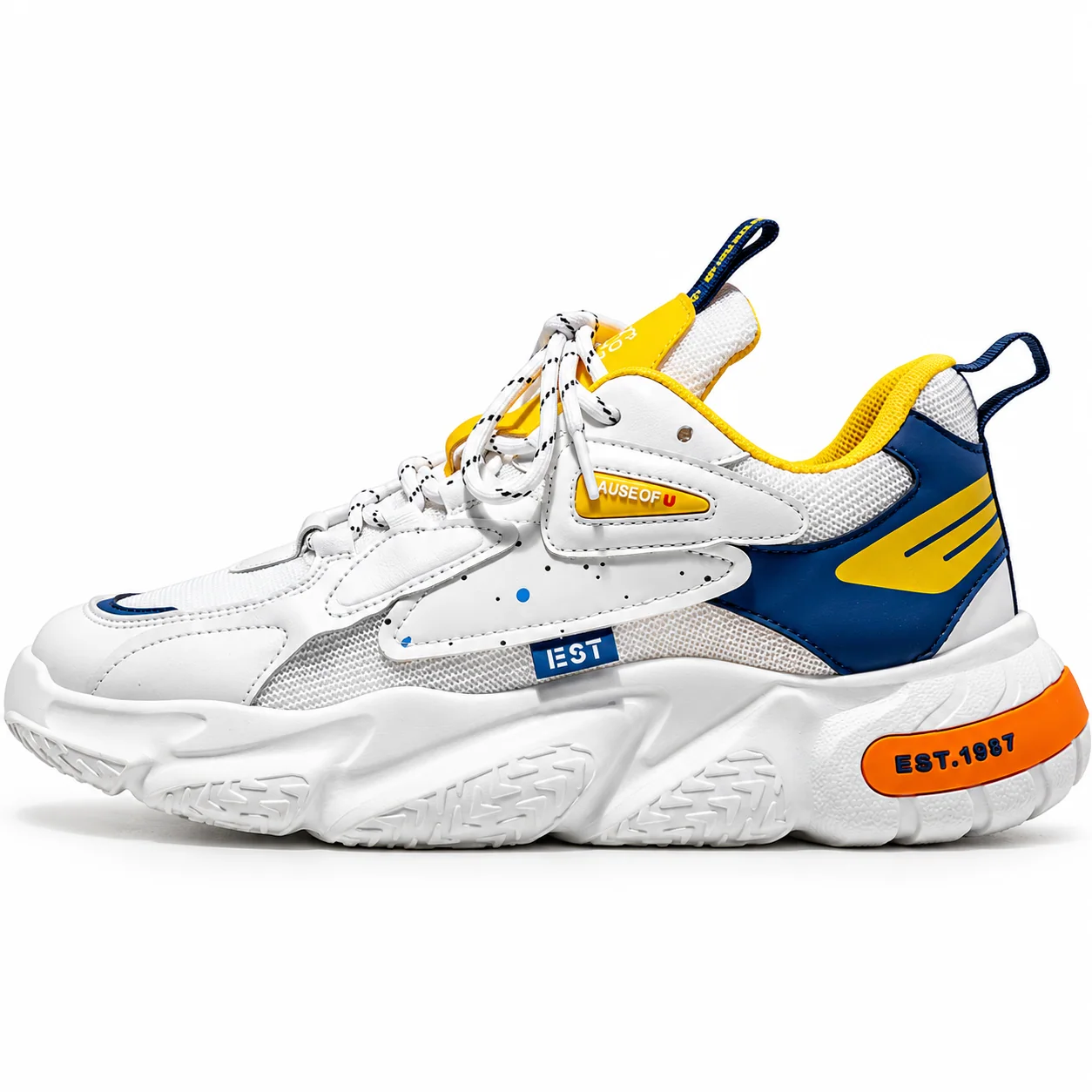 Sneakers blanches — détails jaunes et bleu marine