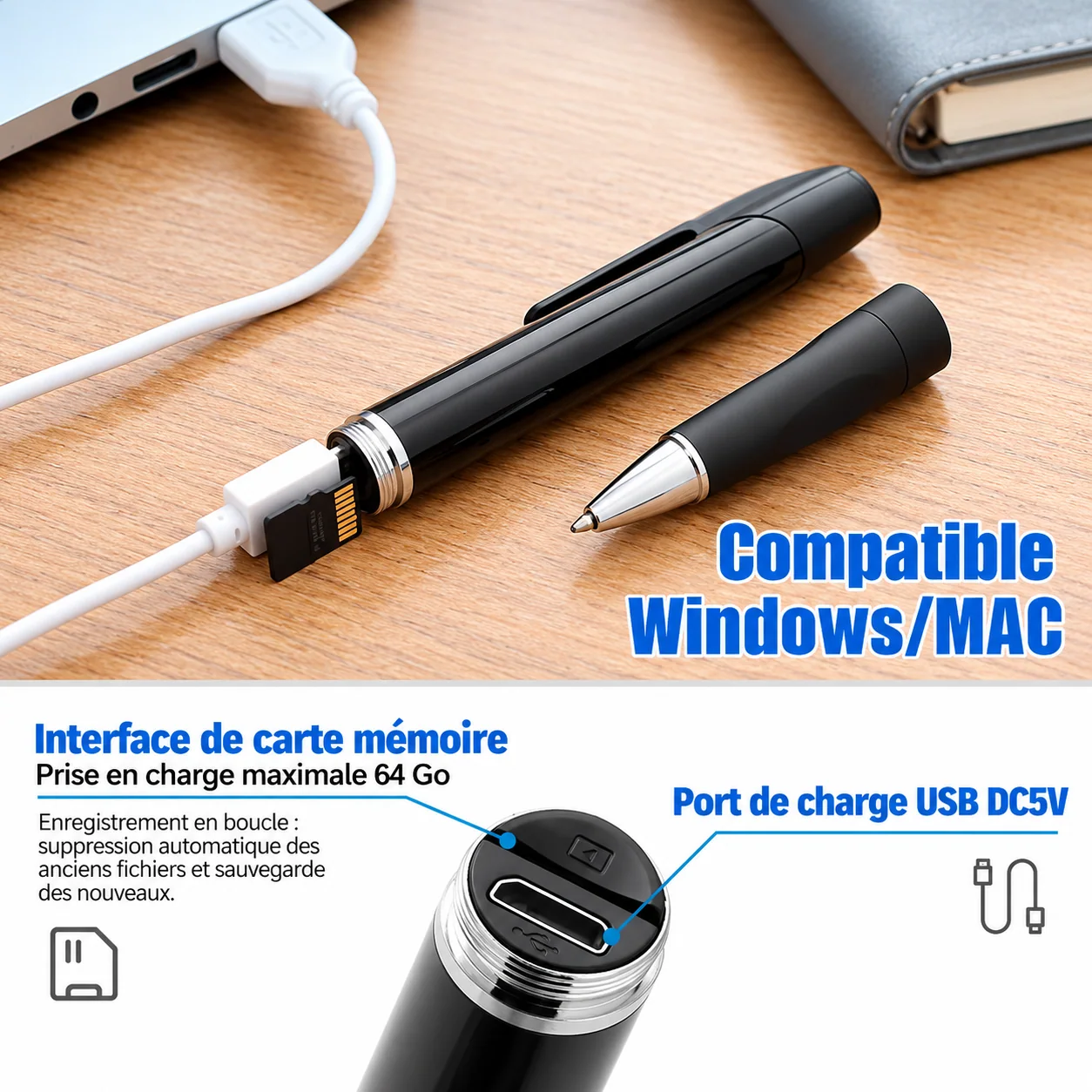 Stockage jusqu’à 64 Go et recharge USB 5 V annoncés