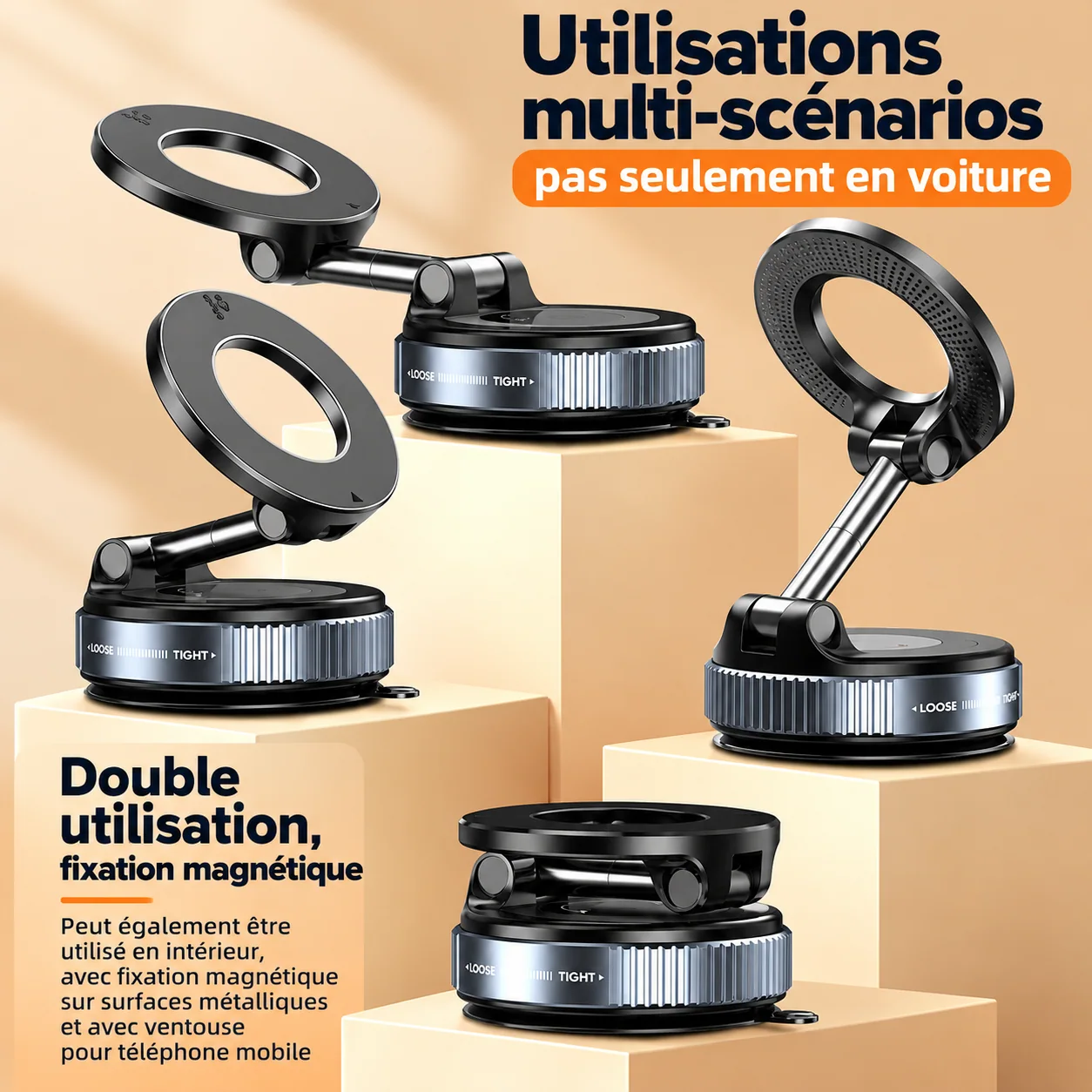 Bras articulé et différentes positions du support