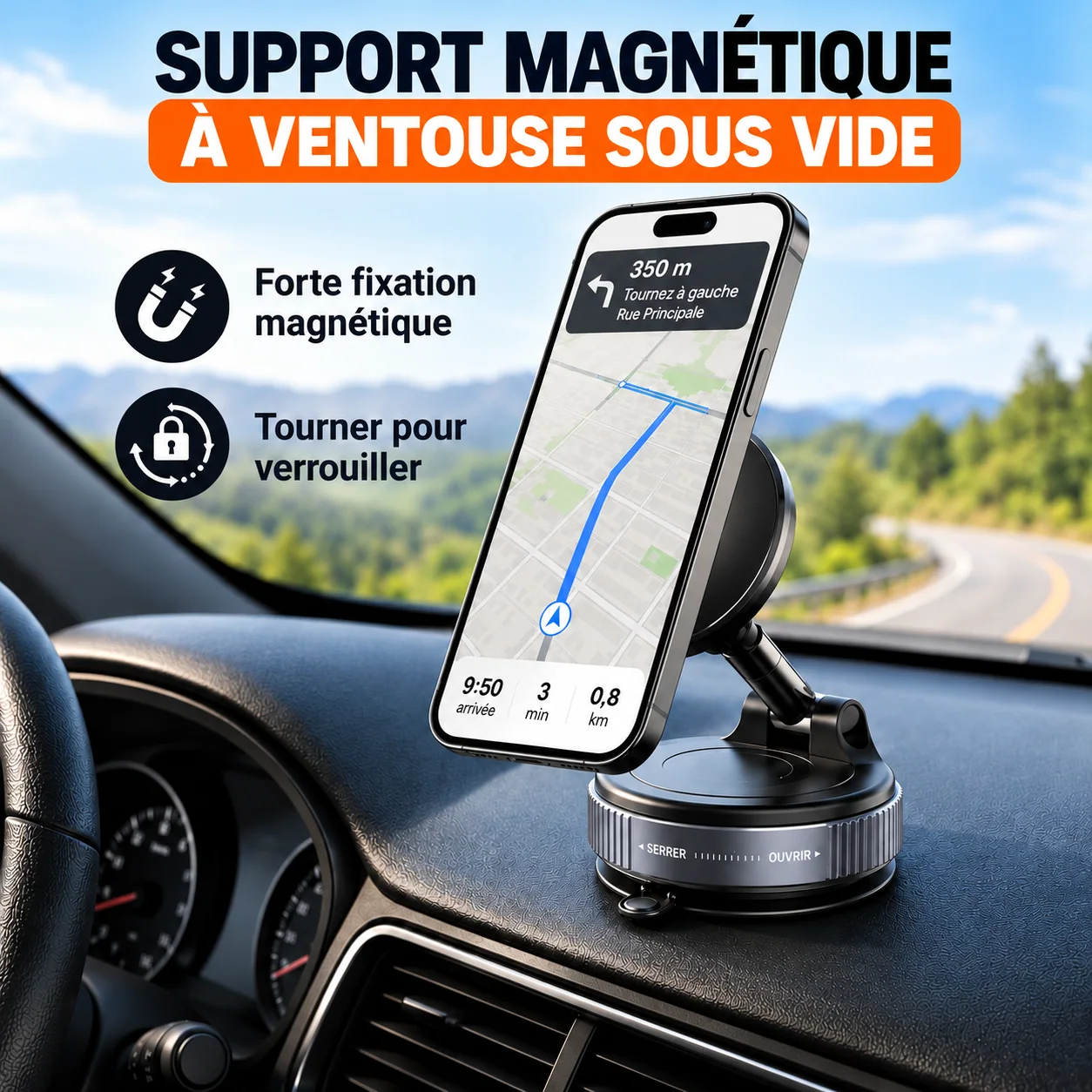 Support magnétique à ventouse installé en voiture