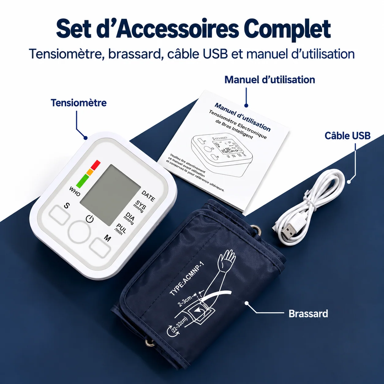 Accessoires présentés : brassard, câble USB et notice