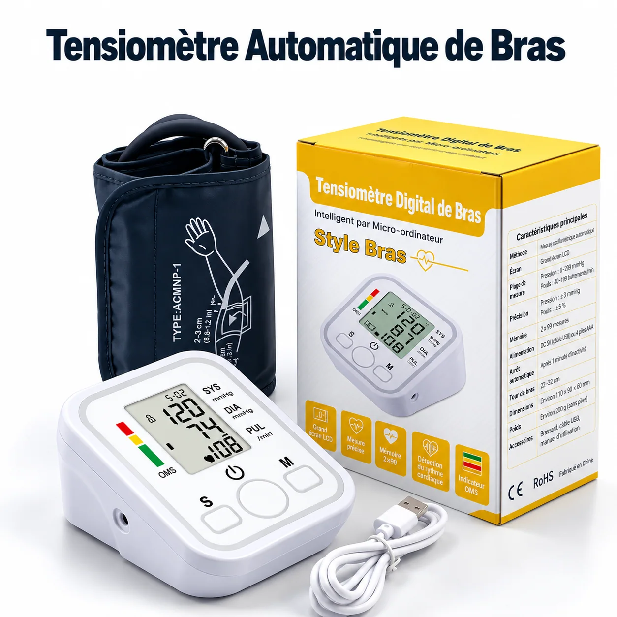 Tensiomètre automatique de bras avec écran LCD