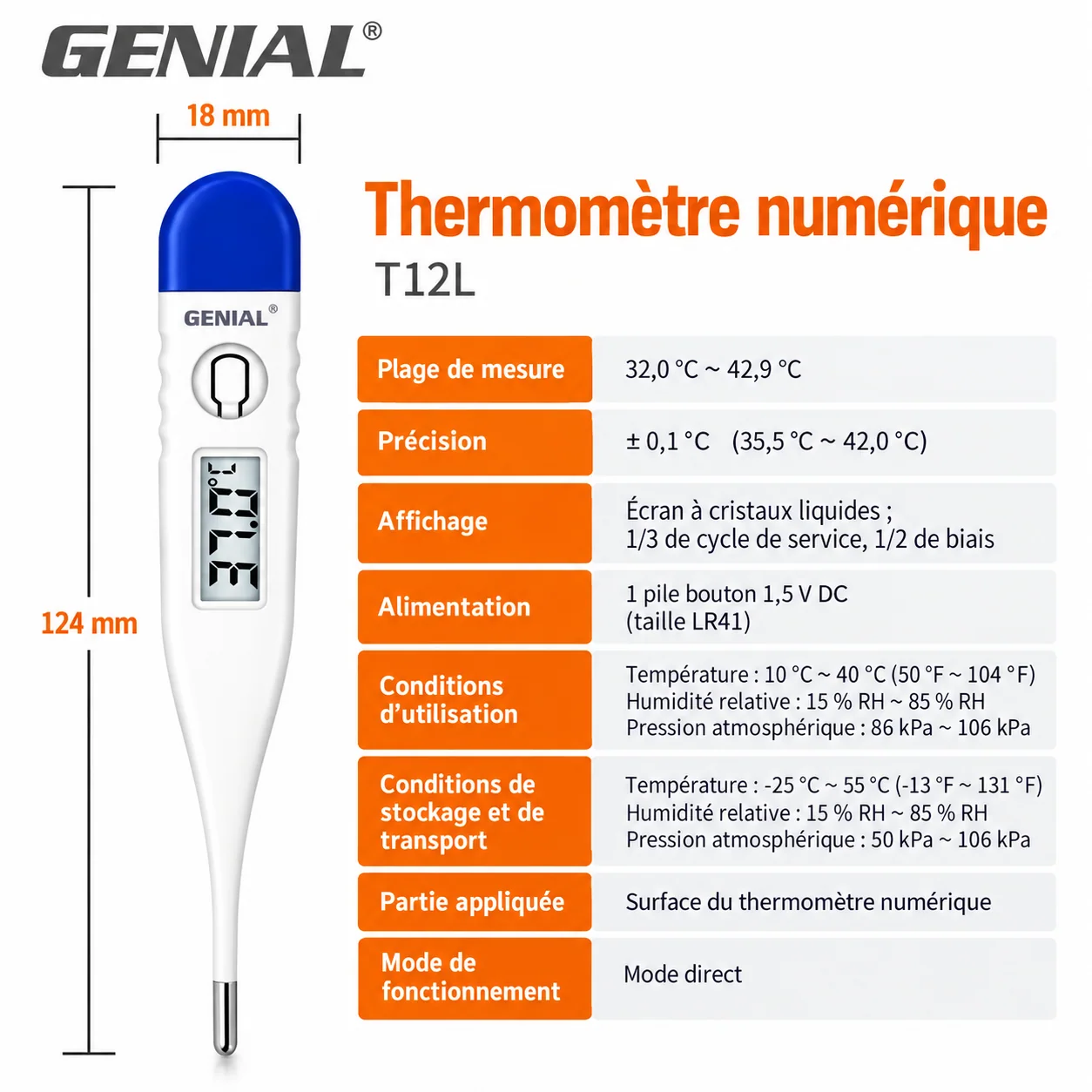 Dimensions et caractéristiques annoncées du GENIAL T12L