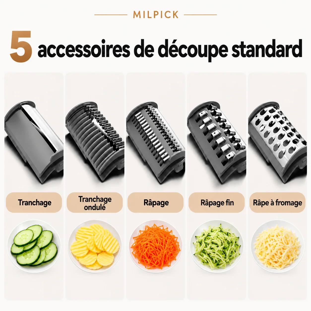 Cinq accessoires standards de découpe et râpage
