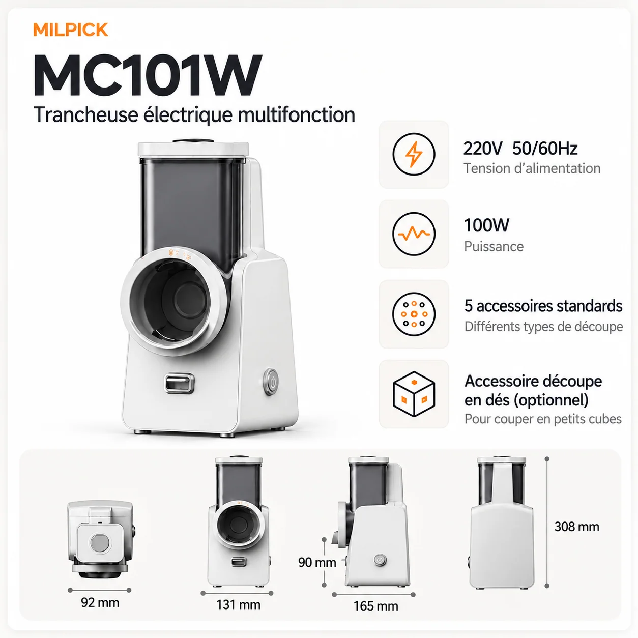 MILPICK MC101W — trancheuse et râpe électrique multifonction